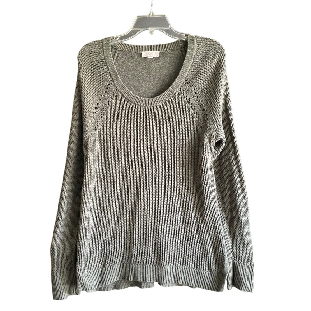 LOFT Long Sleeve Olive Green Waffle Knit Sweater with Side Notches. Size Medium